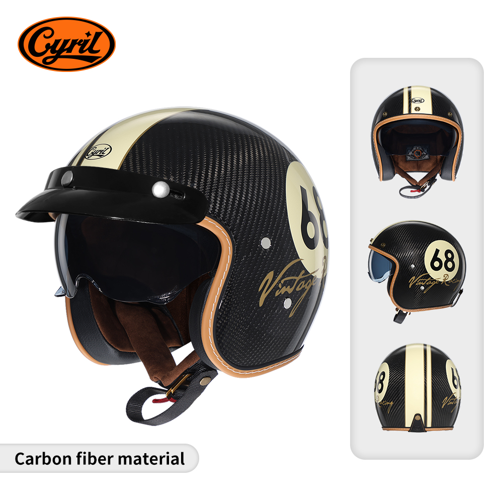 Carbon Fiber Lightweight Motorcycle Helmet - 軽量カーボンファイバーオープンフェイスオートバイヘルメットハーフレトロ 3/4 ヘルメット男性と女性用 DOT 承認済み CYRIL