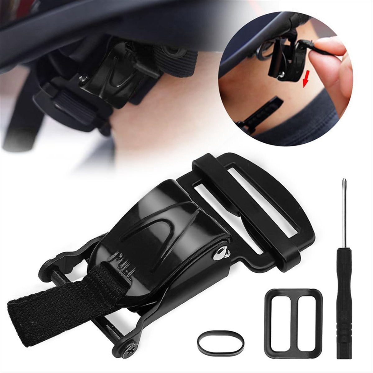 Quick Release Buckle Motorcycle Helmet - 互換性のあるヘルメットクイックリリースバックル交換キット、最大1インチのあご紐に対応するラチェット式ヘルメット、バイク用ヘルメット（黒）