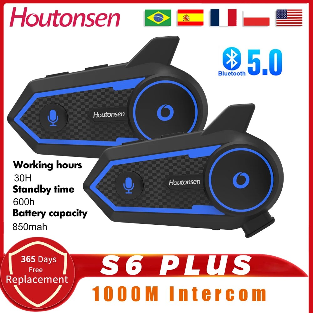 Universal Motorcycle Helmet Intercom Headset - Houtonsen-防水オートバイヘルメットインターホン、mp3プレーヤーインターホン、Bluetooth v5.2ヘッドセット、850mah、1000m、s6 plus、2人のライダー